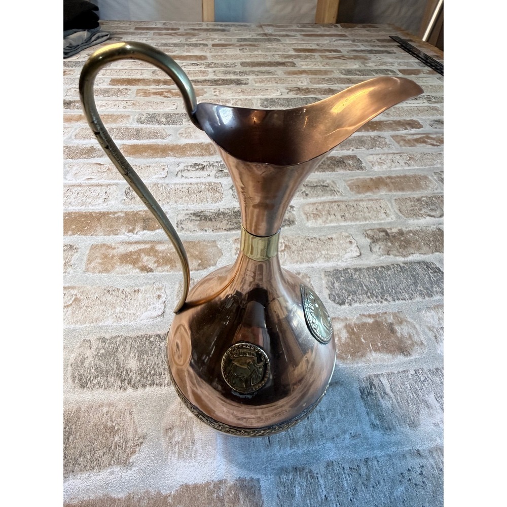 Vintage Copper and Brass Pitcher Ewer with Bull Medallions and Floral Band 10"